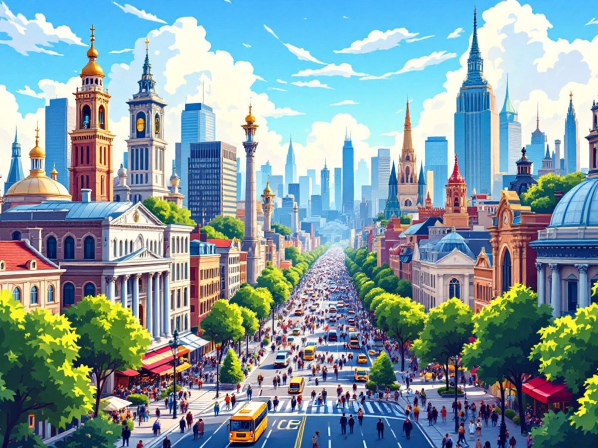 Peisaj urban cu clădiri emblematice și oameni.