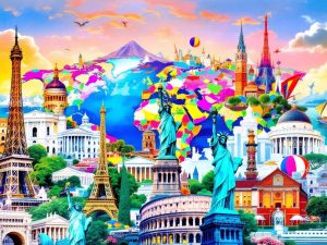 Colaj cu orașe celebre și repere iconice.
