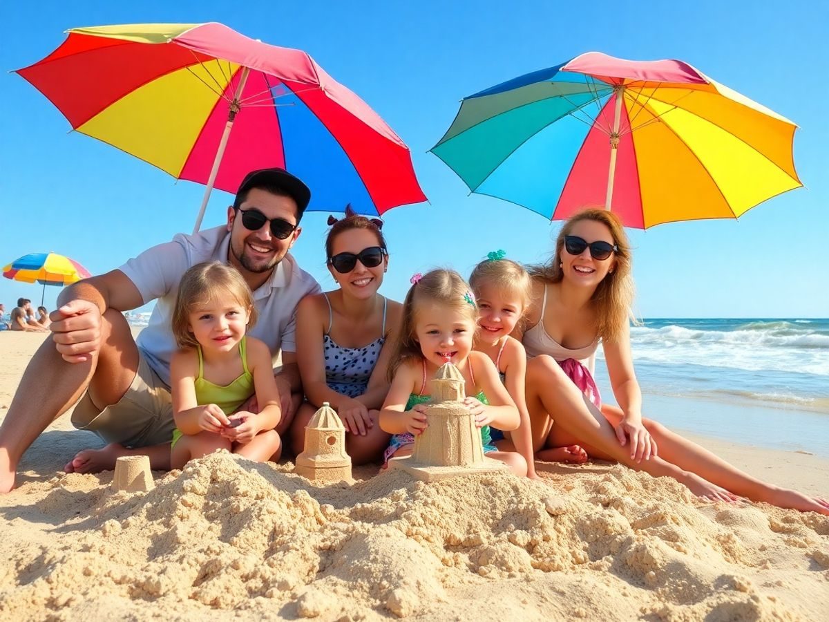 Familie fericită pe plajă, bucurându-se de vacanță.