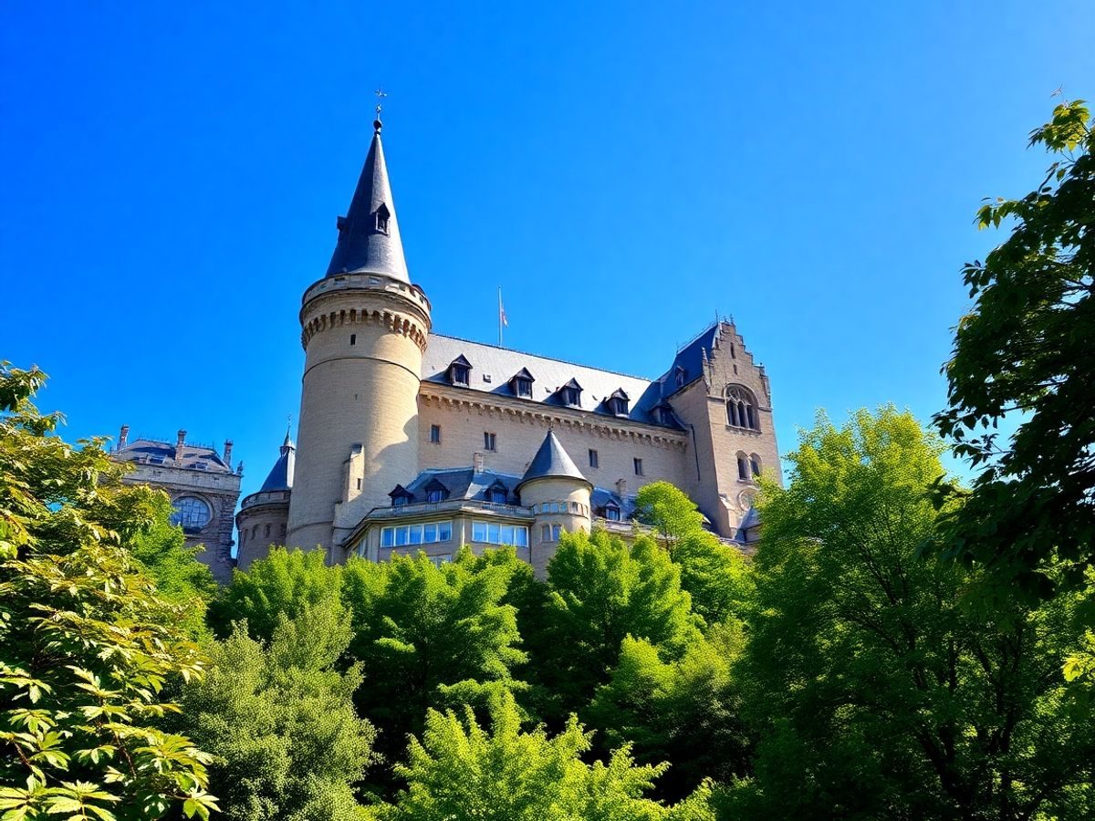 Castel european înconjurat de natură și cer senin.