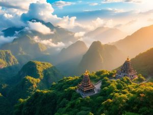 Peisaj asiatic cu munți și vegetație vibrantă.