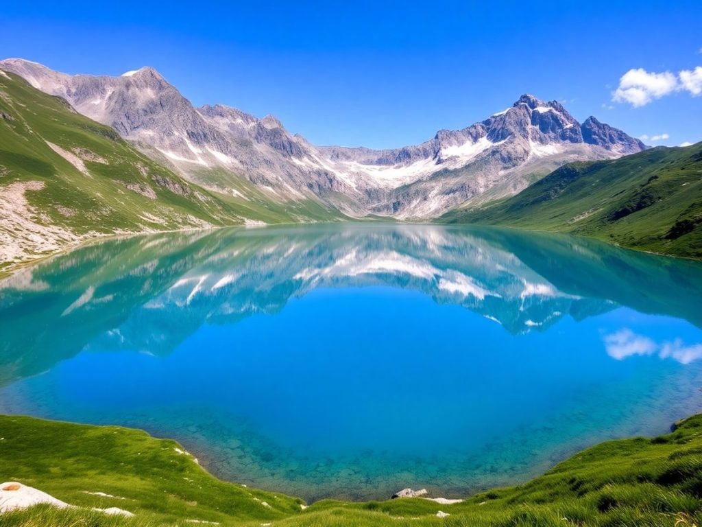 Peisaj montan cu lac alpin și cer senin.