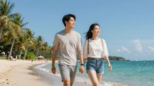 Cuplu relaxat pe plajă, bucurându-se de vacanță.